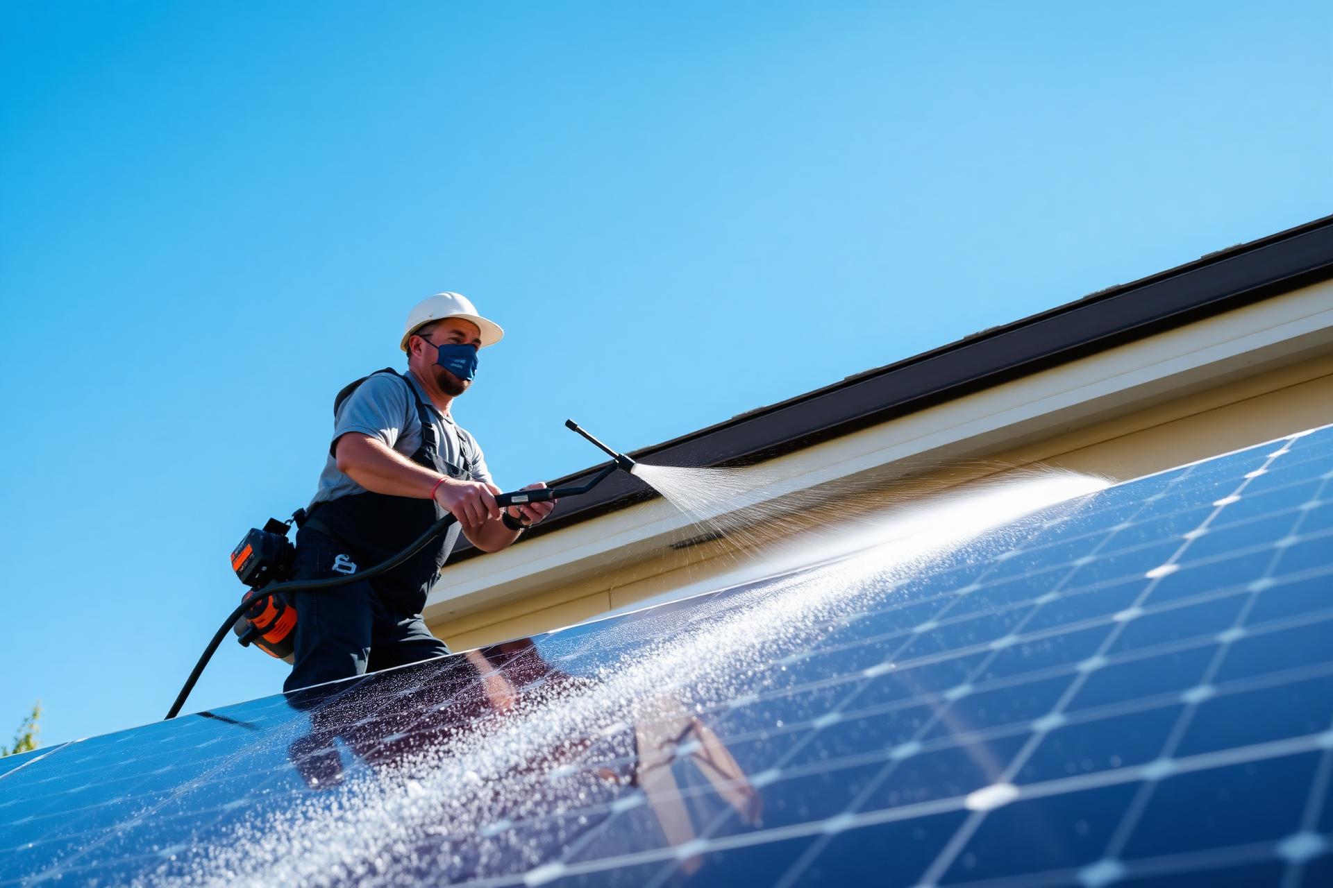 Technician pressure washing solar panels on a residential roof